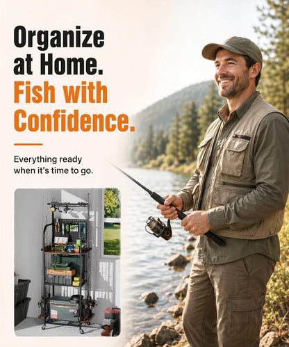 Homde Fishing Rod Holders for Garage: Large Capacity Fishing Equipment Holder up to 12 Rods - Mobile Tackle Storage Cart with Pegboard and Hooks for Tackle Box Organizers and Storage