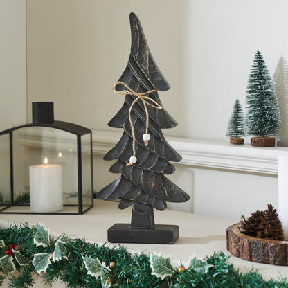 VHC Brands Primitive Pine Distressed Black Wooden Tree 17x7x2