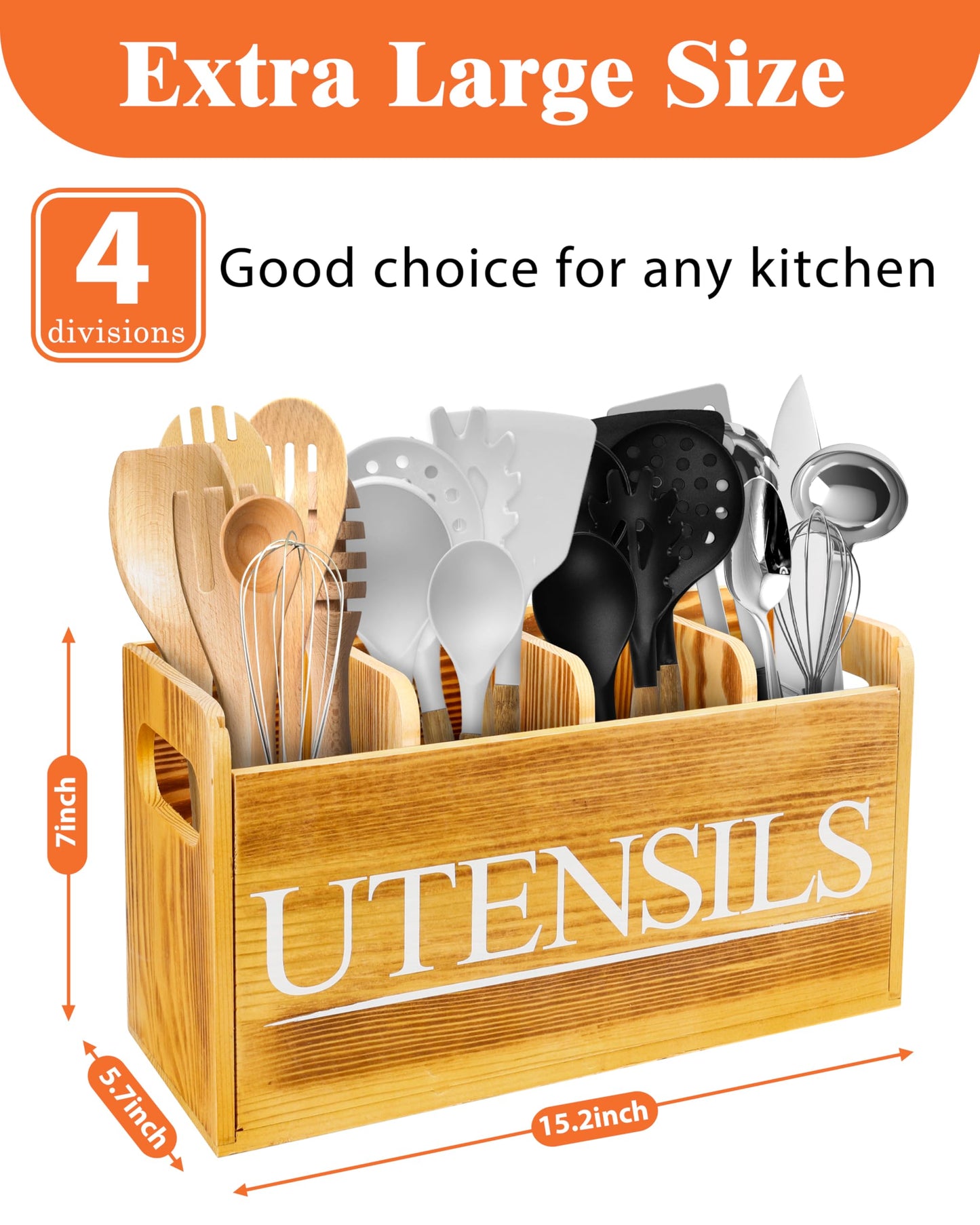 brekle Kitchen Utensil Holder for Kitchen Counter Large Wooden Organizer for Cooking Utensils Utensil Holder Counter Farmhouse Décor (Farmhouse Wooden)