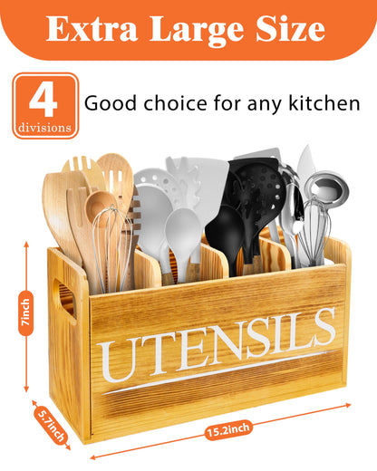 brekle Kitchen Utensil Holder for Kitchen Counter Large Wooden Organizer for Cooking Utensils Utensil Holder Counter Farmhouse Décor (Farmhouse Wooden)