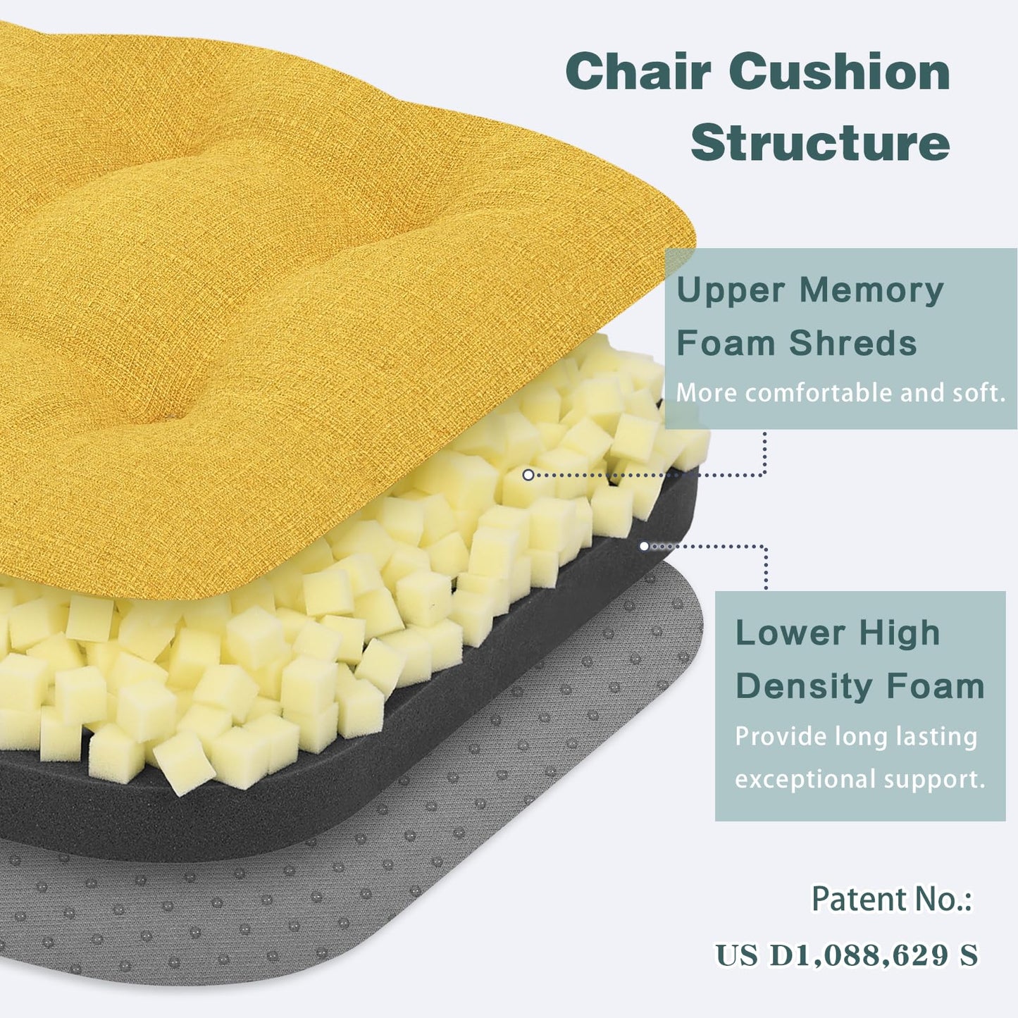 baibu Set of 2 Dining Chair Cushions, Dual-Layer Patent Design Memory Foam Kitchen Chair Cushions, Non-Slip Seat Pads with Ties, 16.5 x 16.5 x 3.5in, 2 Pack, Yellow