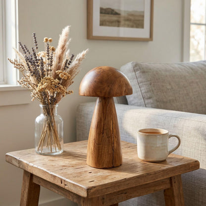 JOLLYMER Solid Teak Wood Mushroom Decor, Handmade Wooden Sculpture Rustic Boho Tabletop Accent, Natural Wood Grain Home Decoration Figurine for Living Room, Shelf, Coffee Table Indoor Decor