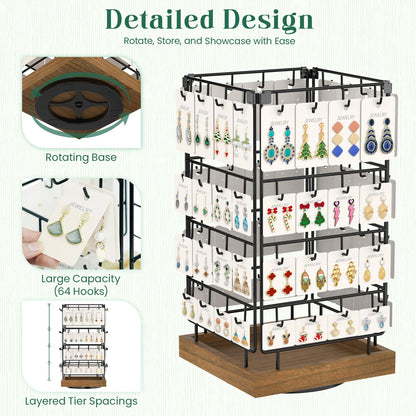 EsLuker.ly Rotating Earring Display Holder Stand for Vendors Events Selling, Large Capacity 64 Hooks Jewelry Rack with Wooden Base for Earring Card Sales, Enhances Retail Display Visibility