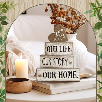 Conelist 4 Pcs Farmhouse Table Decoration Home Sweet Farmhouse Tiered Tray Decor This is Us Centerpiece Rustic Heart Boat Pink Bow Bless Block Sign Gift for Kitchen Table Kitchen Shelf (Heart)