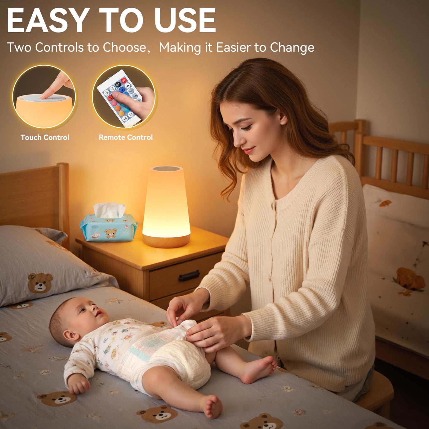 Auxmir LED Night Light Bedside Lamp Touch and Remote Control Dimmable Tabletop 13 RGB Colors Changing 5 Brightness Adjustable Rechargeable Portable Lamp for Baby Kids Nursery Bedroom Bathroom Camping