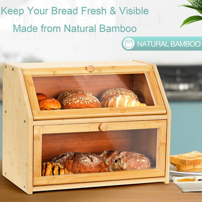Wcatea Bread Box for Kitchen Countertop, Large Double Layer Bamboo Bread Storage Box with Clear Door, Includes 20 Bread Bags & Labels, Farmhouse Kitchen Storage Organizer (Natural Bamboo)