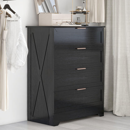 FTZxHKLX Modern 4 Drawer Dresser for Bedroom, Tall Bedroom Dresser with Large Drawer & Rose Gold Handles, Wooden Storage Organizer Cabinet Chest of Drawer for Closet, Living Room, Hallway, Black