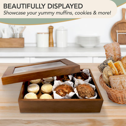 EcoLeafy Dot Wooden Bakery Box with Window - 12x8x2.5 Inches– Treat Boxes for Pastry, Desserts, Donuts, Muffins or Baked Goods- Comes with Reusable Canvas Bag-Ideal Baker Gifts for Women