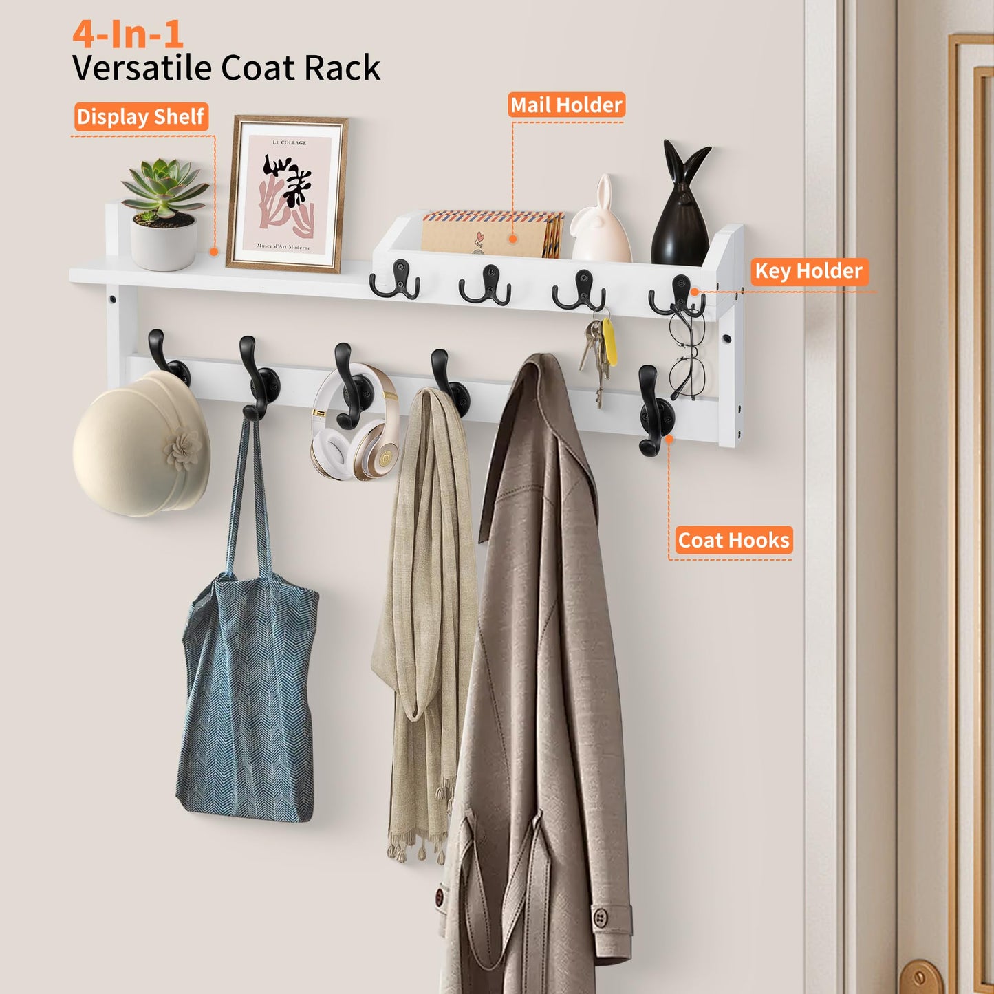 GODDGITT Coat Rack Wall Mount with Shelf, 27.5" Entryway Wall Hanging Shelf, Coat and Key Hanger with 10 Dual Hooks, Mail Organizer and Key Holder Hat Rack for Wall, Wood Coat Hooks with Storage