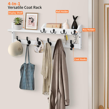 GODDGITT Coat Rack Wall Mount with Shelf, 27.5" Entryway Wall Hanging Shelf, Coat and Key Hanger with 10 Dual Hooks, Mail Organizer and Key Holder Hat Rack for Wall, Wood Coat Hooks with Storage