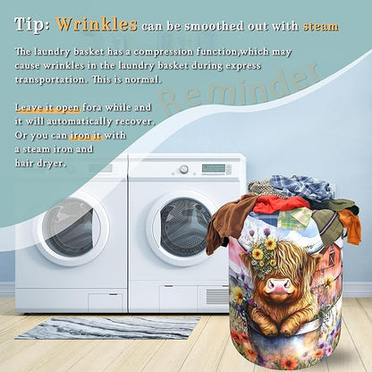 Highland Cow Laundry Basket Floral Farm Foldable Funny Laundry Hamper Oxford