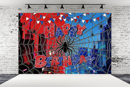 Spider Web Backdrop for Photography Superhero Photo Backdrop Red Blue City Spider Photo Background Children Boys Baby Shower Birthday Party Decorations Supplies Photo Studio Prop Banner XH015 (7x5ft)
