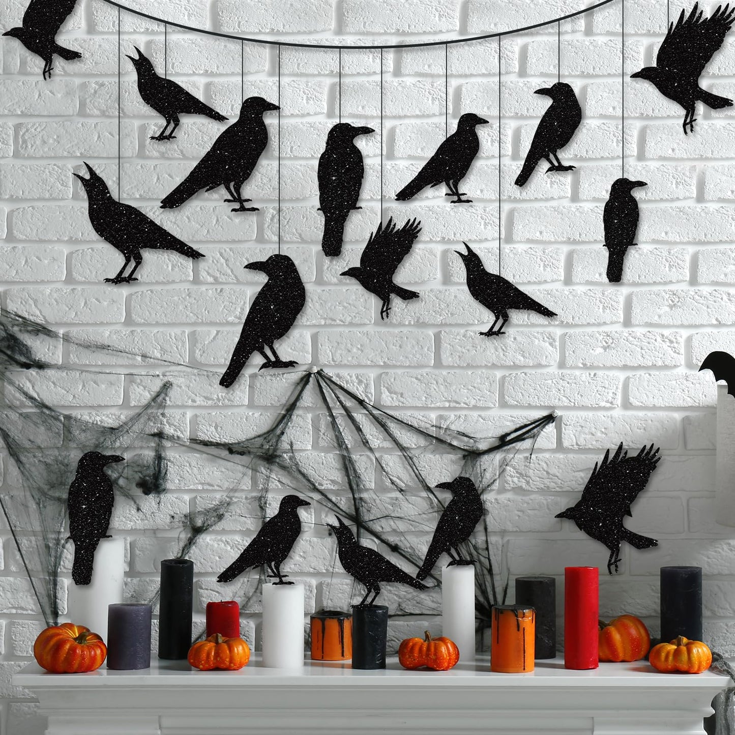 40pcs Glitter Black Crow Halloween Decorations Bird Raven Hanging Banners for Gothic Halloween Garland Backdrop Centerpiece Wall Cutouts for Horror Theme Birthday Wedding Yard Party Supplies