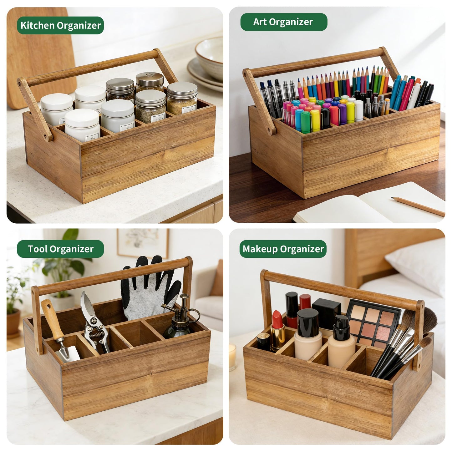 VaeFae Acacia Silverware Caddy with Handle, Wooden Utensil Holder, Mulip-pose Organizer for Kitchen, Office, Bathroom, Bedroom (Large, 5 compartments)