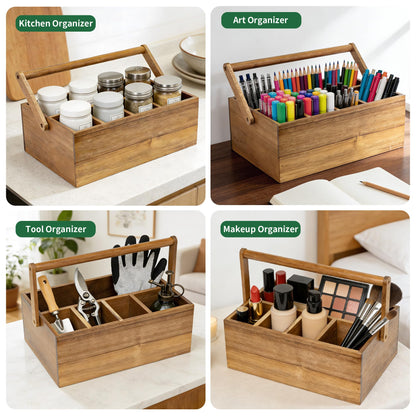 VaeFae Acacia Silverware Caddy with Handle, Wooden Utensil Holder, Mulip-pose Organizer for Kitchen, Office, Bathroom, Bedroom (Large, 5 compartments)