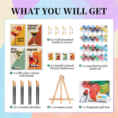 4 Pack Framed Paint by Numbers Kit for Adults with Wooden Easel, Cocktail Paint by Numbers with Frame for Beginner, Retro Cocktail Adult Paints by Number Kits on Canvas Framed for Wall Decor 8 x 12 In