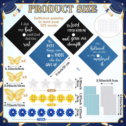 Dunzoom 36 Pcs DIY Graduation Cap Decorations Accessory Kit Artificial Flowers Inspirational Cardstock 3D Butterfly Stickers Rhinestone Stickers for DIY Hat Grad Cap Topper Graduation Party(Blue)