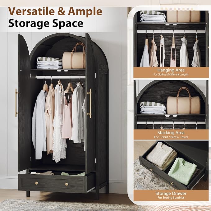 VINGLI Arched Wardrobe Closet Armoire with Doors and Drawer, Bedroom Armoires Black Wardrobe Cabinet Closet,19.7" D x 31.5" W x 69.7" H