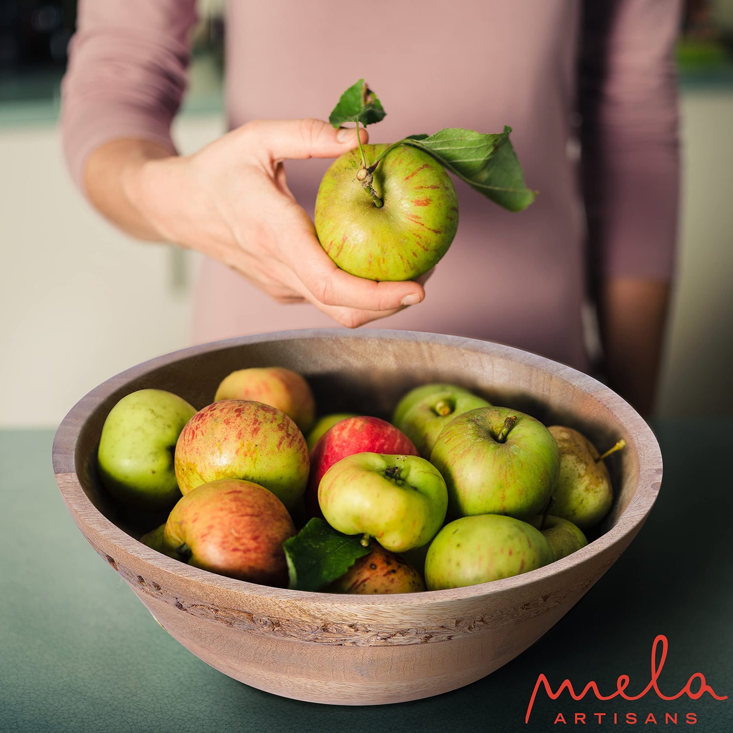 Mela Artisans 12” Mango Wood Bowl – Jasmine Medium Burnt Finish – Handcrafted Wooden Fruit Bowl for Kitchen Counter & Table Display