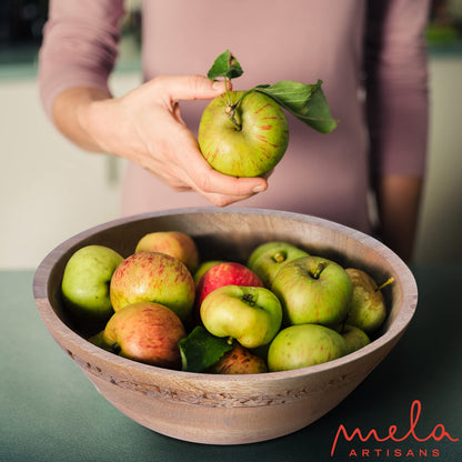Mela Artisans 12” Mango Wood Bowl – Jasmine Medium Burnt Finish – Handcrafted Wooden Fruit Bowl for Kitchen Counter & Table Display