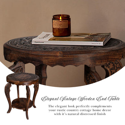 The Wooden Town Farmhouse Round Accent End Table,Rustic Side Table Nightstands for Living Room Bedroom,Coffee Tables,Wood Tray Top,Handcrafted Finish, 18"x22" - Burnt