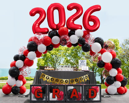 Ecomore Graduation Party Decorations Class of 2026 - 86 PCS Grad Party Supplies Includes LED Light Strings Balloon Block Boxes with Letters Foil Curtains Backdrop 2026 Balloon Garland Kit - Black Red