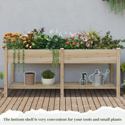 PULIJIAJU 72x24x30.5in Raised Garden Bed Elevated Wood Planter Box with Shelf Garden Planter with Legs for Backyard, Patio, Balcony w/Divider Liner, 300lb Capacity -(Natural)