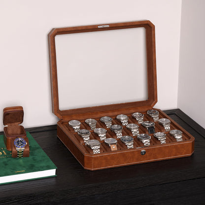 ROTHWELL 18-Slot Watch Case – Luxury Watch Box for Men, Real Glass Top, Lockable, Elegant Display for Collections (Tan/Brown)