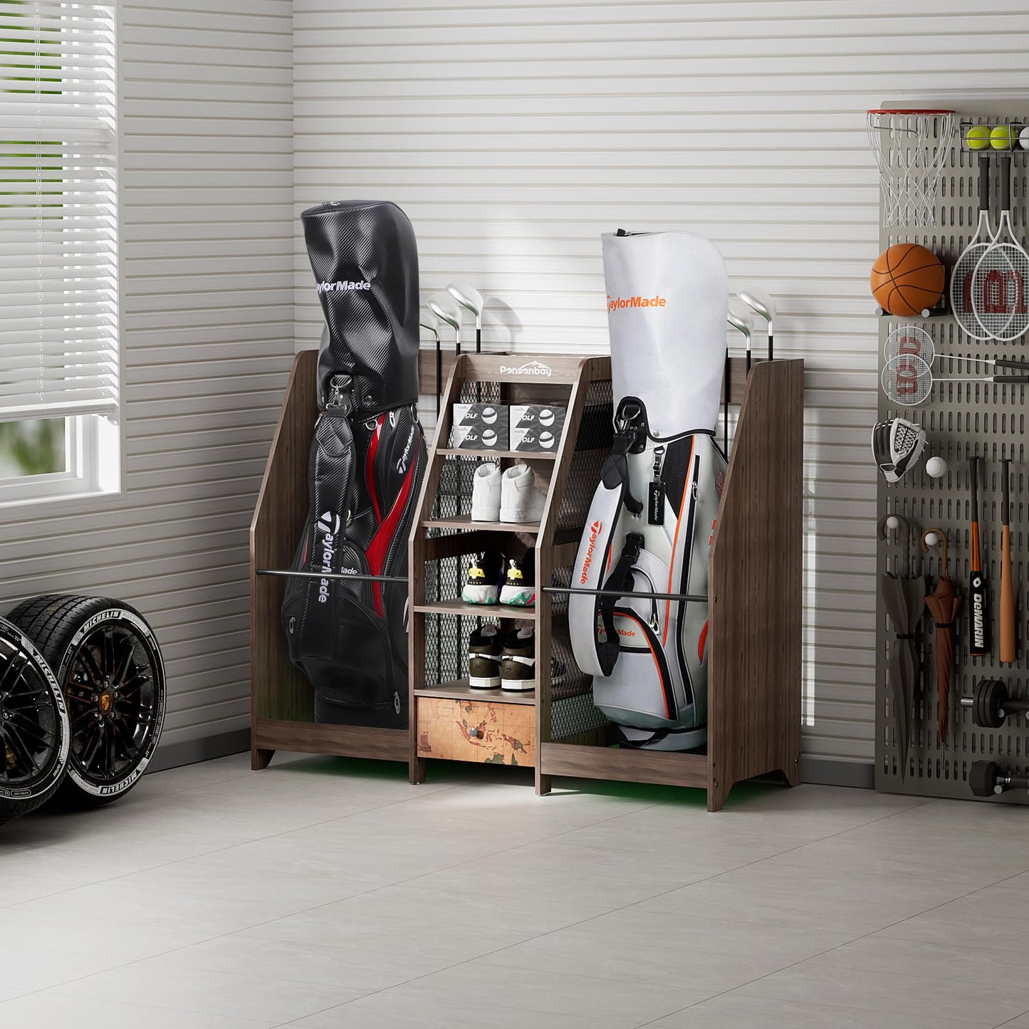 Ponsonbay Golf Bag Storage Organizer for Garage, Premium Wooden 2 Golf Bags Rack with Drawer, Easy Assemble Golf Club Stand/Holder Suitable for Garage Home Simulator and Office