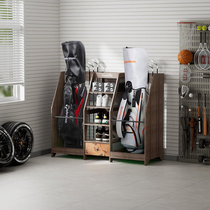 Ponsonbay Golf Bag Storage Organizer for Garage, Premium Wooden 2 Golf Bags Rack with Drawer, Easy Assemble Golf Club Stand/Holder Suitable for Garage Home Simulator and Office