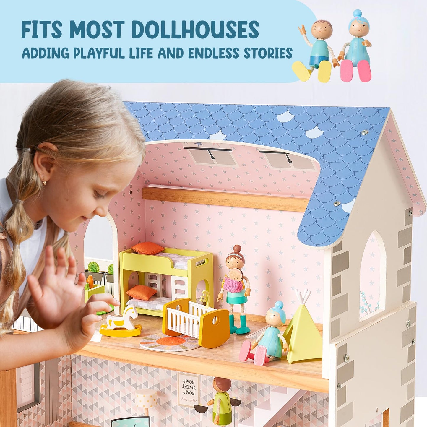 Giant bean Wooden Family Dolls Set of 7 for Dollhouse, Dollhouse People Miniature Dollhouse Accessories Toy for Boys Girls Kids Pretend Play 3 Years up