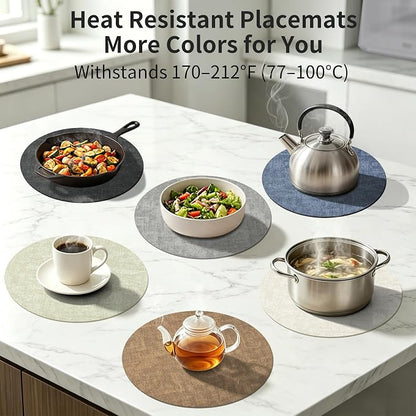Maxpearl Round Placemats Set of 6, 13.8 inch Faux Leather Heat Resistant Table Mats, Non Slip Waterproof Wipeable Place Mats for Kitchen Dining Holiday Party Table Settings, Brown