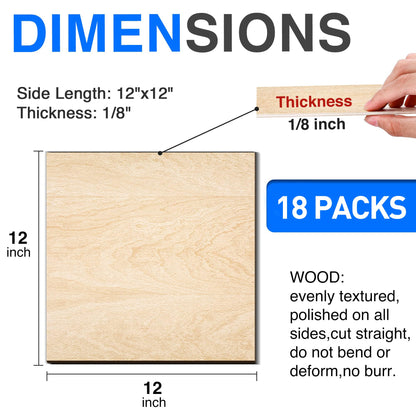 18 Pack Basswood Sheets 12"x12"x1/8" for Crafts, Unfinished Basswood Craft Board Perfect for DIY Ornaments and Models, Drawing, Painting, Engraving, Wood Burning, Laser Cutting