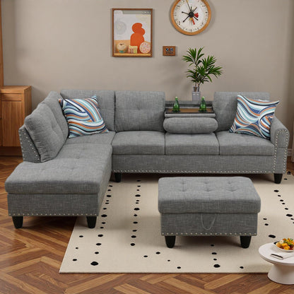 Trygoal 97" Linen 4-Seat L-Shaped Sectional Sofa with Movable Chaise & Storage Ottoman - 3-Piece Modular Convertible Couch for Living Room, Bedroom, Apartment & Office, Grey