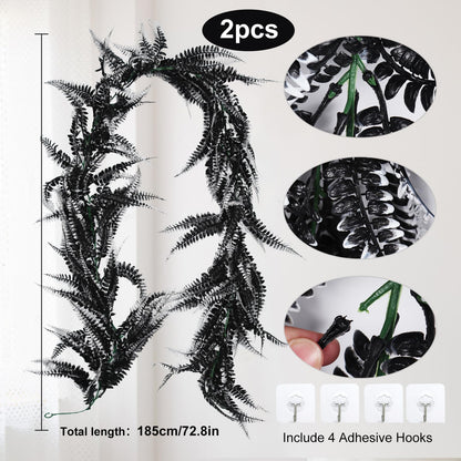 RECUTMS 2pcs Black Garland Artificial Boston Palnts 6 FT Fern Garland Faux Hanging Greenery Halloween Wreath for Outdoor Indoor Halloween Decor (Black White)