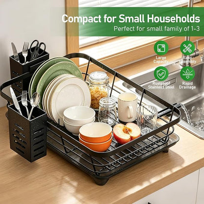 Dish Drying Rack for Kitchen Counter, Large Capacity Rust Resistant Rack with Removable Utensil Holder, Space-Saving Sink Organizer for Home and Apartment, 12" W x 16.6" L (Black)