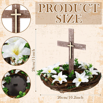 Kathfly First Holy Communion Cross Table Decor with Flower Wreath Standing Wooden Cross First Communion Religious Tabletop Signs Christian Baptism Centerpieces for Easter Rustic Farmhouse Decor Gift
