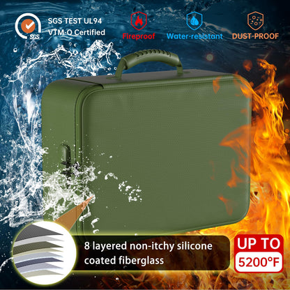 DocSafe 5200°F Document Organizer with Lock,Upgraded Heat Insulated Fireproof＆Waterproof Box 8 Layers File Organizer,Portable Home Travel Safe Storage for Important Documents, Files,Green (Soft)