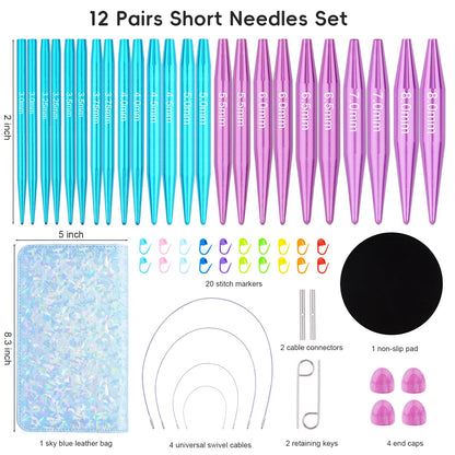 Hobekoee 12 Pairs Short Interchangeable Circular Knitting Needles Set 3mm-8mm Interchangeable Aluminum Round Knitting Needles Set with 4 Swivel Cables for DIY Knitting Lovers
