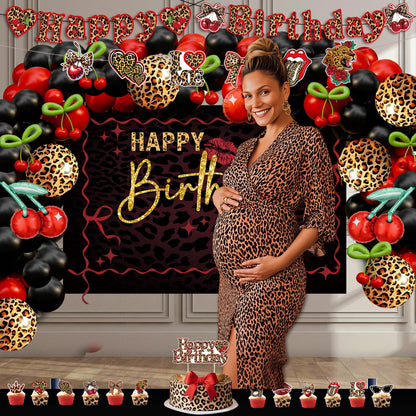Cheetah and Cherry Birthday Decorations for Women Girls - Red and Black Balloon Arch Kit, Cherry and Cheetah Print Balloons, Tablecloth, Banners, Cake Toppers, Girls Night, Bachelorette Party Decor