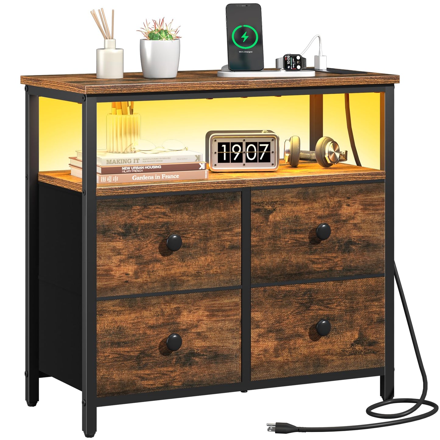 Yoobure Night Stand with Charge Station, Nightstand with 4 Drawers Bedside Table, LED Dresser with Storage Shelf, Night Stands for Bedroom, Side Table 3-Tier Wood End Table for Home Rustic Brown