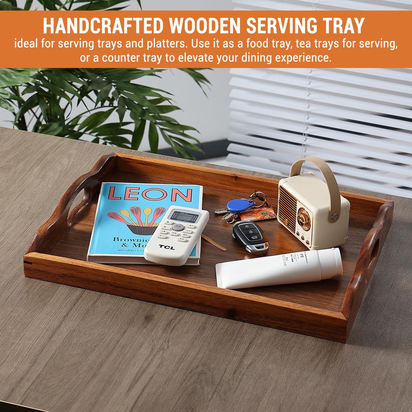 MOOKOMI Nature Walnut Wooden Serving Tray with Handles, Solid Wood Food Tray for Coffee, Breakfast, Dinner, Ottoman,16.6x11.8x2.4 inches