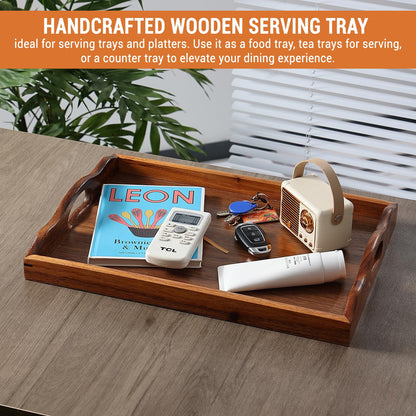 MOOKOMI Nature Walnut Wooden Serving Tray with Handles, Solid Wood Food Tray for Coffee, Breakfast, Dinner, Ottoman,16.6x11.8x2.4 inches