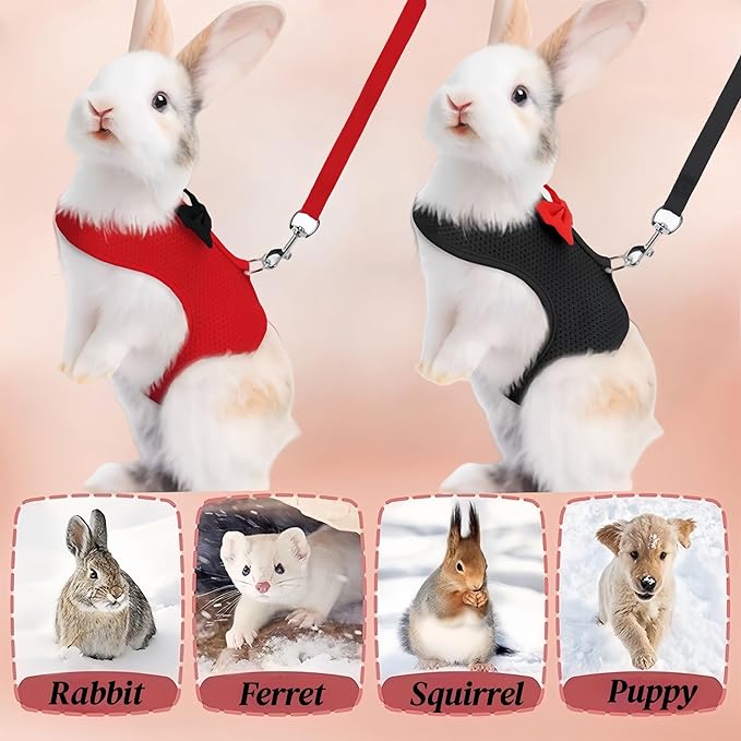 2 Pack Adjustable Bunny Rabbit Harness and Leash Set Breathable Mesh Vest Harness for Rabbits Kitten Ferret Puppy Small Pets Walking Supplies-Red&Black,S