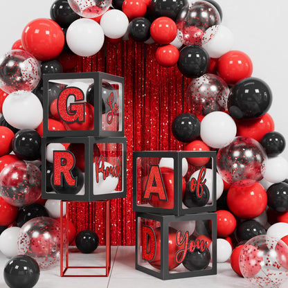 Ecomore Graduation Party Decorations Class of 2026 - 86 PCS Grad Party Supplies Includes LED Light Strings Balloon Block Boxes with Letters Foil Curtains Backdrop 2026 Balloon Garland Kit - Black Red