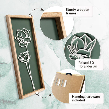 3D Floral Green Wall Art (Set of 3) Lightweight, Wooden Ready-to-Hang Boho Framed Wall Art for Bathroom, Master Bedroom, Living Room or Office - Premium Sage Green Farmhouse Decor - Gift-Boxed