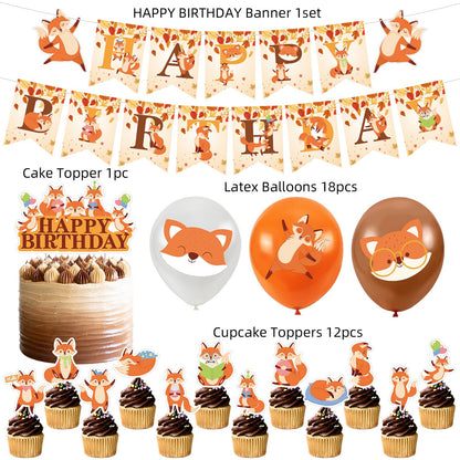 Fox Woodland Animal Birthday Party Supplies - Forest Animal Theme Decorations Kit With Cupcake Toppers, Balloons