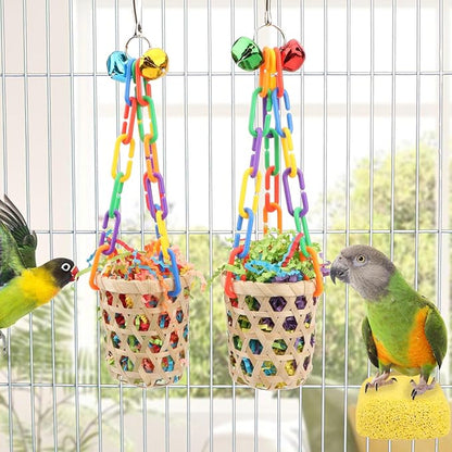 Wontee Bird Colorful Shredding Crinkles Foraging Toys Natural Sola Ball for Parrots Cockatiels Conures Budgies Senegal (Bamboo Basket (2 Pack))