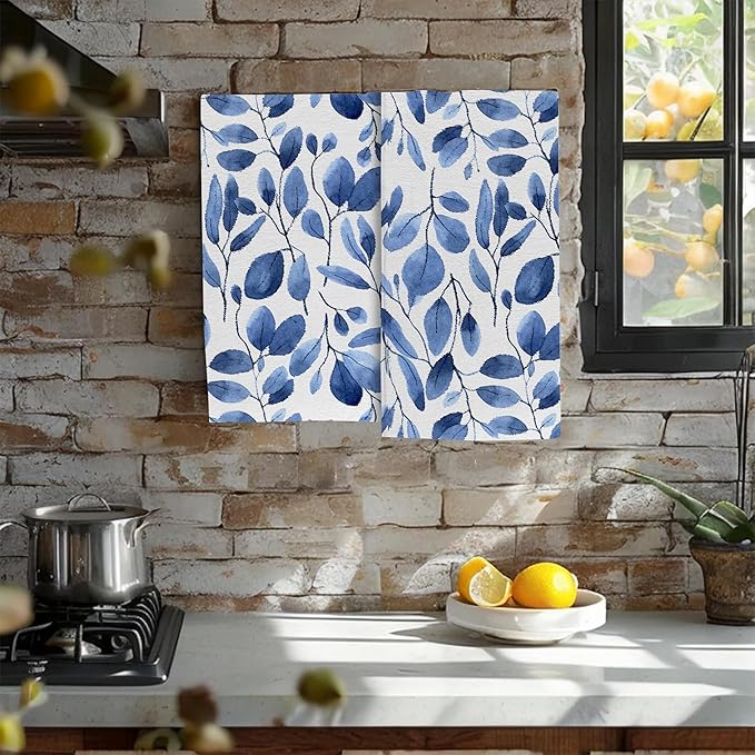 Blue Eucalyptus Leaves Bathroom Hand Towel Set of 2, Watercolor Botanical Plant