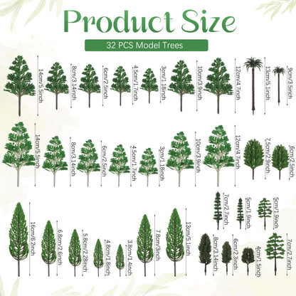 Thiccywoov 40 Pcs Diorama Supplies Kit Include 32 Miniature Trees 1.2-6.2 Inch Mini Mixed Model Plastic Fake Architecture 8 Bags Scenery Basing Material Kit for DIY Craft(Scenery Trees)